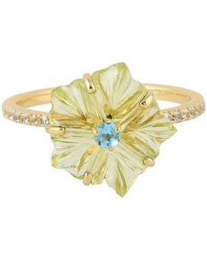 Artisan 18k Yellow Gold Carving Flower Ring Lemon Quartz Gemstone Handmade Jewellery