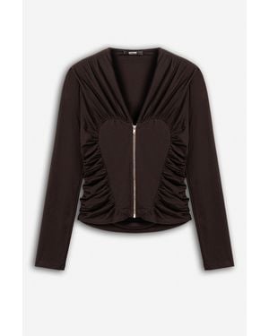 Nocturne Ruffle Trim Zip Front Blouse - Black