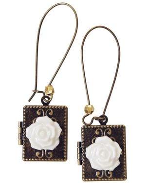 POPORCELAIN Classic Rose On Vintage Book Locket Earrings - White