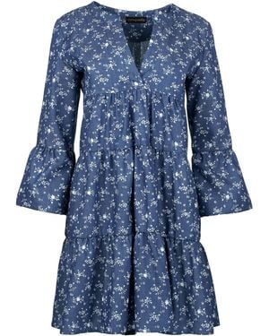 Conquista Floral A Line Dress With Bell Sleeves - Blue
