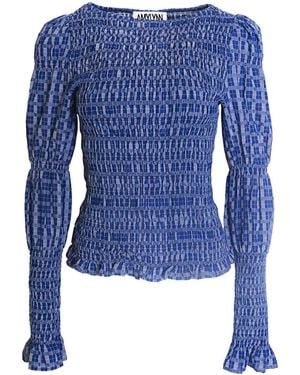 Amy Lynn Iris Checkerboard Cotton Smocked Sleeve Top - Blue