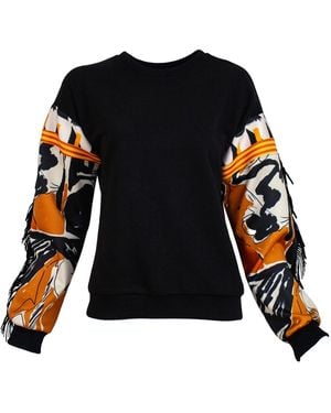 Lalipop Design Sweatshirt With Printed Sleeves & Suede Fringe Details - Black