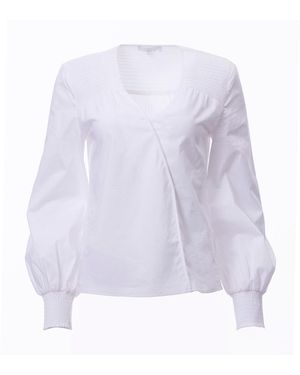 Carloslines V-Neck Bishop Sleeve Smocked Shoulder & Cuff Faux Wrap Blouse - Purple