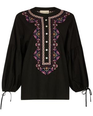 Raffya Anai Half Placket Embroidered Blouse - Black