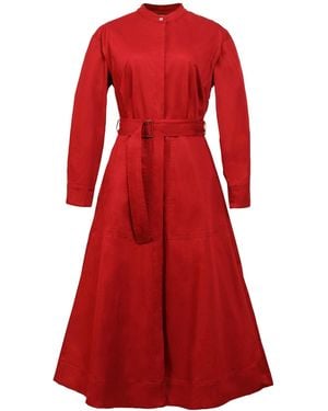 Smart and Joy High Collar Cotton Shirt-Dress - Red