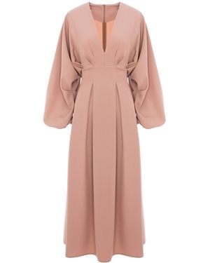 BLUZAT Neutrals Midi Dress With Balloon Sleeves And V-Neck - Pink