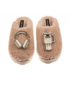 Laines London Neutrals Teddy Closed Toe Slippers With Headphones & Quencher Brooches - Natural