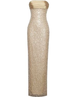 Miss Circle New York Lainey Satin Sequin Pearls Beaded Maxi Dress - Natural
