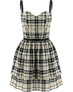 AVENUE No.29 Neutrals Checked Linen Gathered Mini Dress With Straps - Black