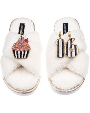 Laines London Neutrals Laines Neutral Boucle Slippers With Stripe 16Th Birthday & Cake Brooches - White
