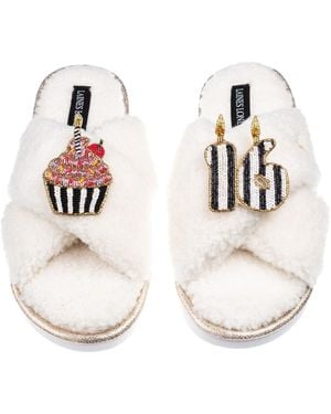 Laines London Neutrals Laines Neutral Boucle Slippers With Stripe 16Th Birthday & Cake Brooches - White