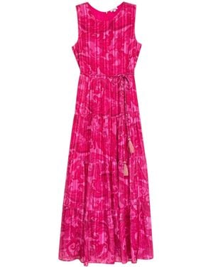 Niza Vertical Striped Midi Dress With Embroidered Detail And Belt - Pink