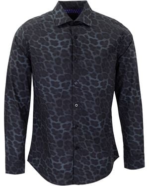 lords of harlech Norman Leopard Smoke Printed Cotton Long-Sleeve Shirt - Blue