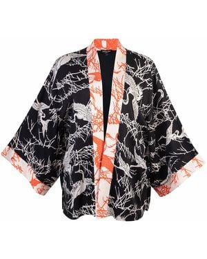 Artemis Muse Japanese Crane Print & Ivory Short Kimono - Black