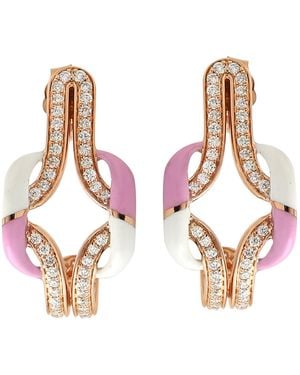 Artisan Rose 18K Rose Enamel Designer Hoop Earrings With Pave Diamonds - Pink