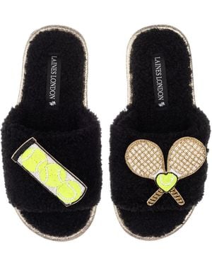 Laines London Teddy Towelling Slipper Sliders With Tennis Lover Brooches - Black