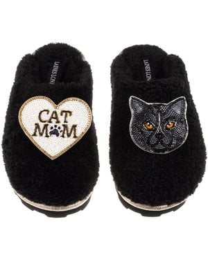 Laines London Teddy Closed Toe Slippers With Cat Mum/Mom & British Shorthair Brooches - Black