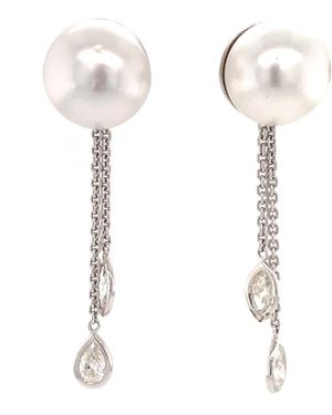 Artisan Pearl Drop Chain Earrings With Diamond Accents - White