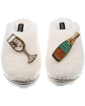 Laines London Teddy Closed Toe Slippers With Laines Champers Brooches - White