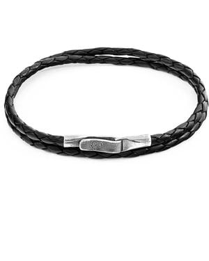 Anchor and Crew Coal Black Liverpool Silver & Braided Leather Bracelet - Multicolour