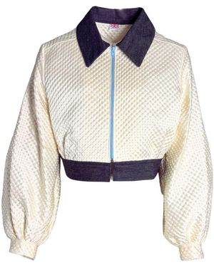 Couture to Your Door Neutrals Ivory Waffle Upcycled Bomber Jacket - Blue