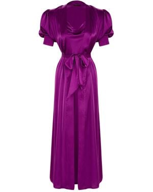 X Intima Elbow Bishop Sleeves Long Satin Robe - Purple