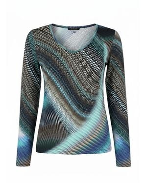 Conquista Abstract Print V-Neck Top – Elegant Long Sleeve Design - Green