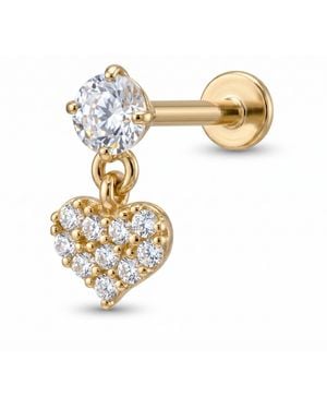 Zahav Jewelry 14K Solid 18G 8Mm Dangle Heart With Round Cz Internally Threaded Flat Back Stud - Metallic