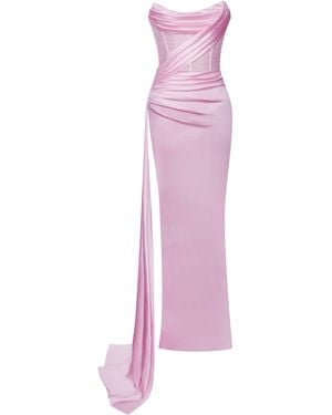 Miss Circle New York Holly Crystallized Corset High Slit Satin Gown - Pink