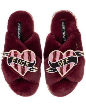 Laines London Classic Laines Slippers With & Stripe Heart Fuck Off Brooches - Red