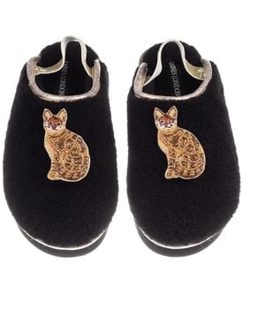 Laines London Flatform Cloud Slippers With Double Bengal Cat Brooches - Black