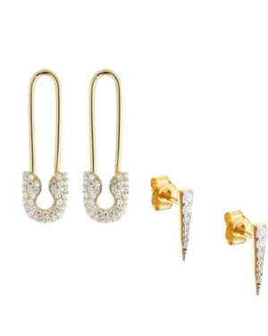 Spero London Long Pave Dagger Stud & Pave Safety Pin Earring Set - Metallic