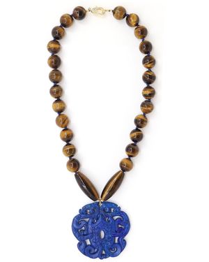 Shar Oke Tiger's Eye & Jade Carved Pendant Statement Necklace - Blue
