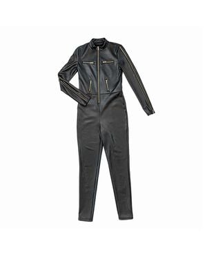 Circular Path Vegan Leather Zipper Jumpsuit - Black