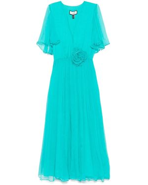Nissa Floral-Appliqué Silk Midi Dress Aqua - Blue