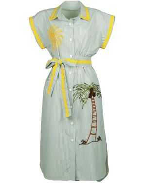 Lalipop Design Pinstripe Cotton Shirtdress With Sun & Palm Tree Embroidery - Green
