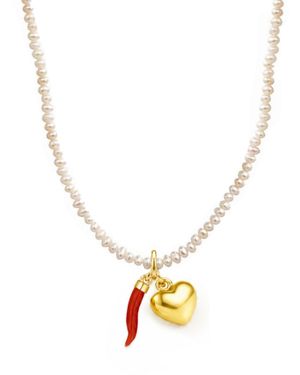 Unaloe Baroque Pearl Necklace With Coral Cornicello And-Plated Heart - Metallic
