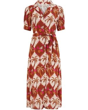 Sugarhill Penelope Midi Shirt Dress Browns, Palm Waves Tile - Red