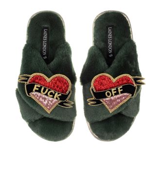 Laines London Classic Laines Slippers With Fuck Off Brooches - Green