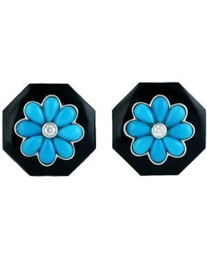 Artisan 14K Flower, Onyx & Diamond Stud Earrings - Blue