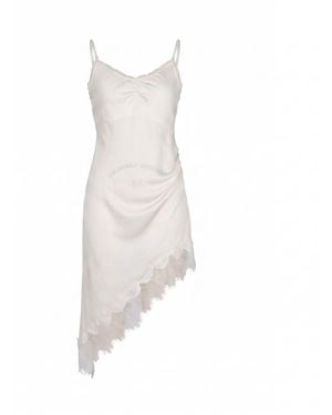 Modenaire Asymmetric Satin Slip Dress With Lace Trim And Draped Silhouette - White