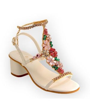 DAMAPREZIOSA Daisy Bouquet, Jewel Sandal With Crystal Flowers And Block Heel - Metallic