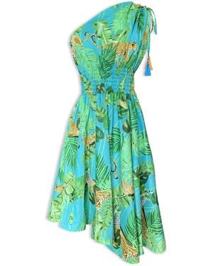 Pick Happy One Shoulder Asymmetry Goddess Cotton Dress With Silk Tassels - Green