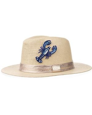 Laines London Neutrals Straw Woven Hat With Embellished Mediterranean Lobster Brooch - White