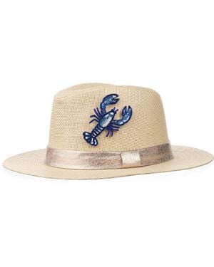 Laines London Neutrals Straw Woven Hat With Embellished Mediterranean Lobster Brooch - White