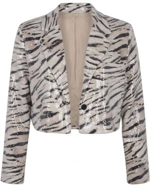 Modenaire Leopard Print Sequin Cropped Jacket With Button Front - Gray