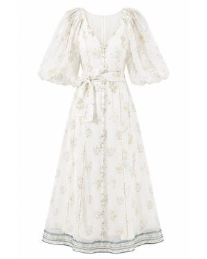 We Are Kindred Cynthia Silk Puff Sleeve Maxi Dress-Floating Bouquet - White