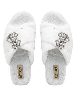 Rettrose Neutrals Fefe Luxury Cream Plush Diamanté Bow Embellished Handmade Slipper - White