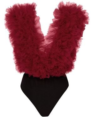 LIA ARAM Signature Burgundy Ruffled Tulle Bodysuit - Red