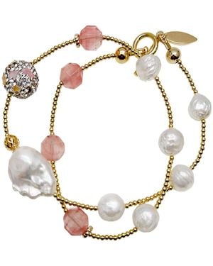 Farra Watermelon Quartz & Freshwater Pearls Double Wrapped Bracelet - Metallic
